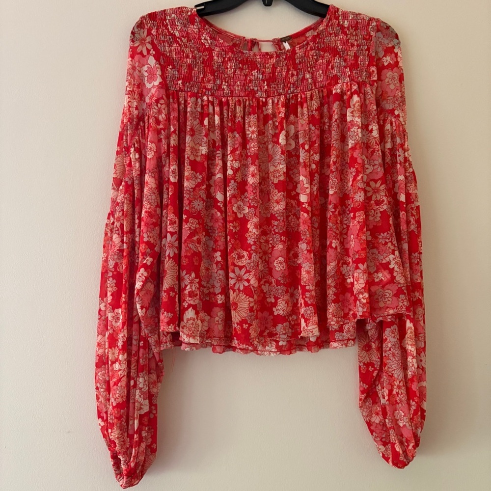 Free People Floral Smocked Peasant Blouse Boho Long Sleeve Sheer Top M